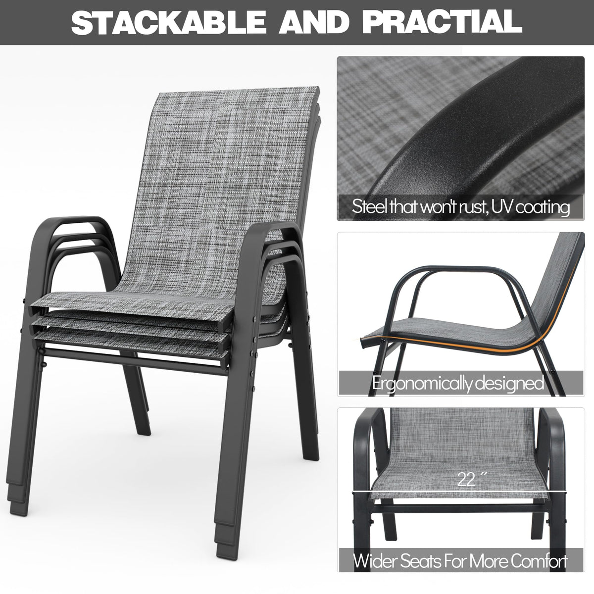 Grey Set of 4 Stackable Textilene Metal Patio Chairs D854950