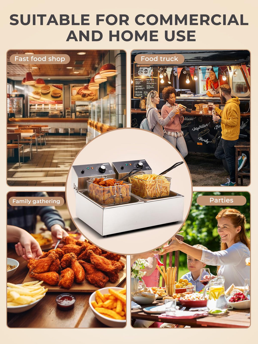 3400W 20.7QT Stainless Steel Electric Deep Fryer with 2 Removable Baskets W965