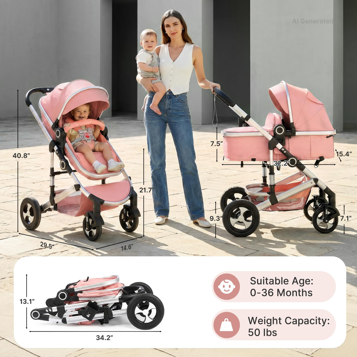 2-in-1 Foldable Stroller with Reversible Seat, Pink C7094