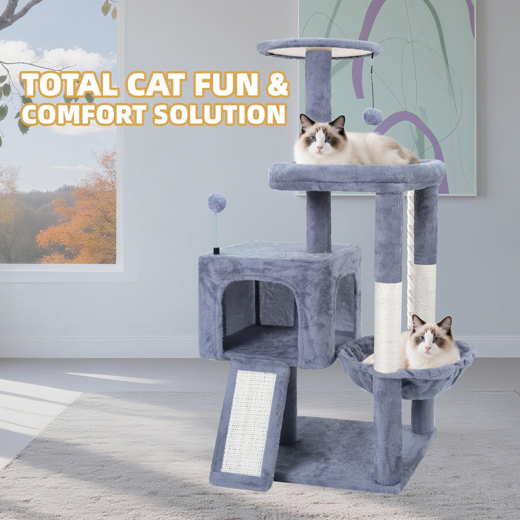 37.5" Cat Tree Tower with Scratching Board Hammock Grey W90947