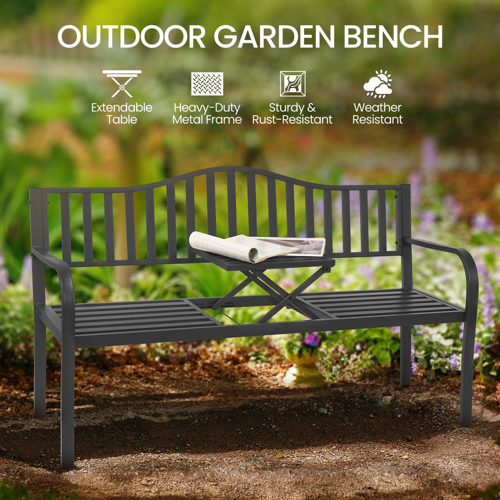 59" Gray Metal Outdoor Bench with Built in Table N350225