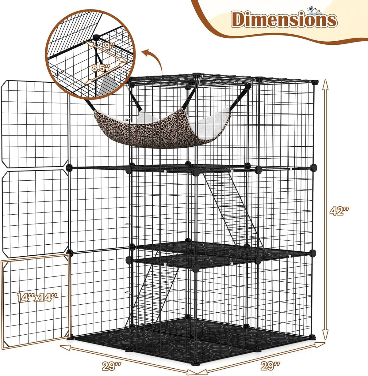 3-Tier Wire Metal Cat Enclosure with Hammock C921