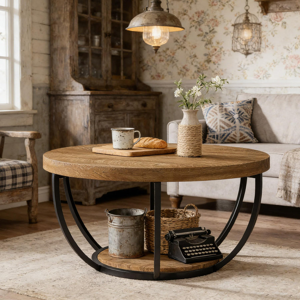 Round 2-Tier Wood Coffee Table with Storage S22084