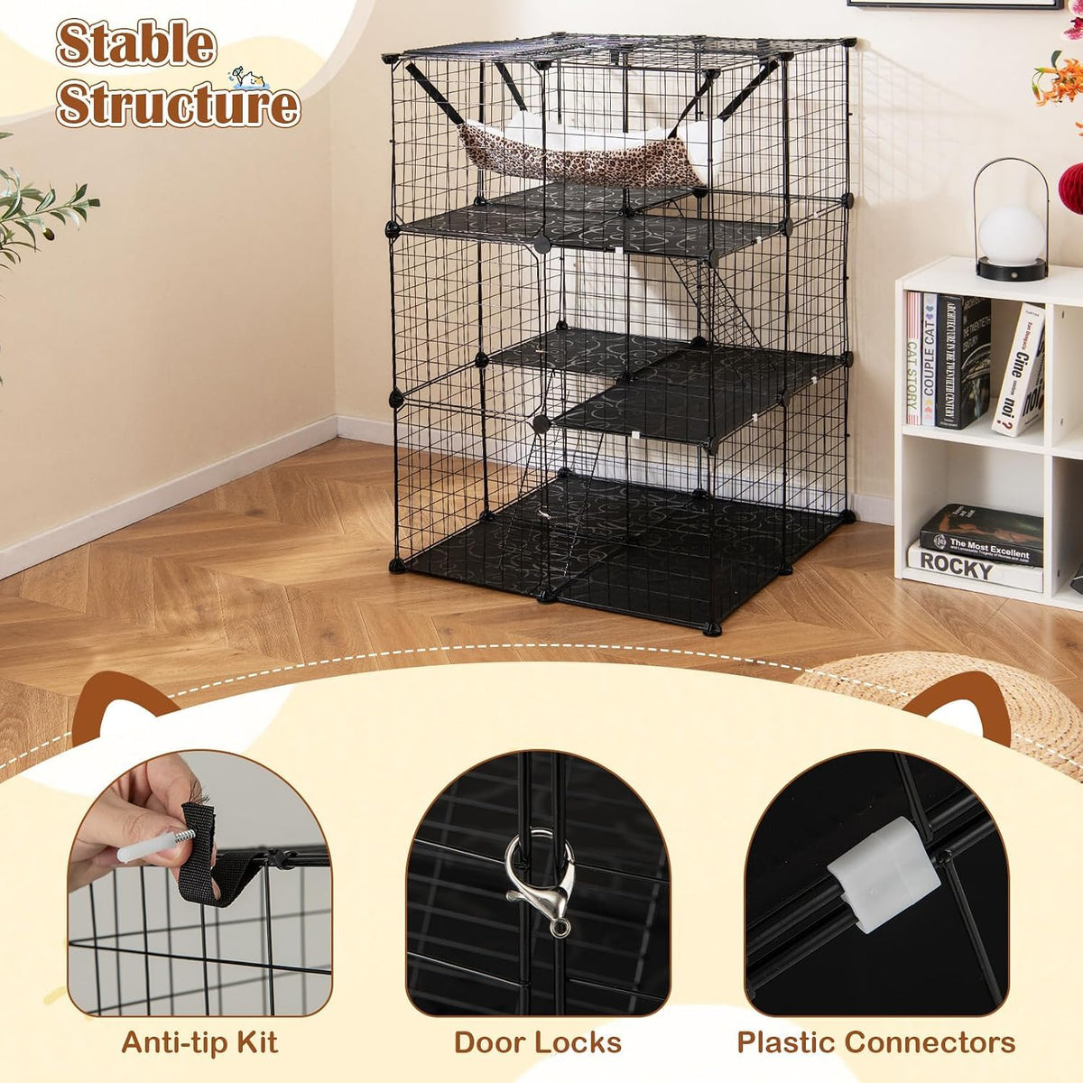 3-Tier Wire Metal Cat Enclosure with Hammock C921