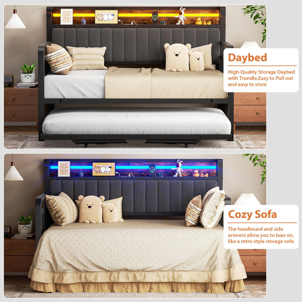 Brown Metal Daybed with Trundle and Storage Headboard J9822