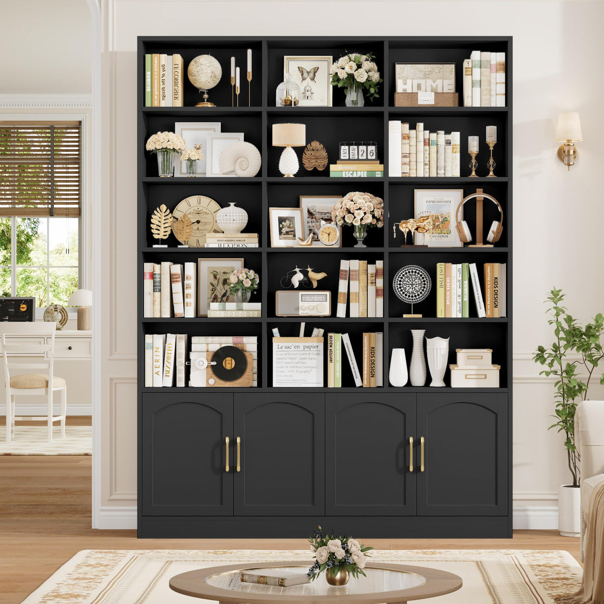 82.3" Triple Wide Bookshelf with 4 Doors, Black K160087