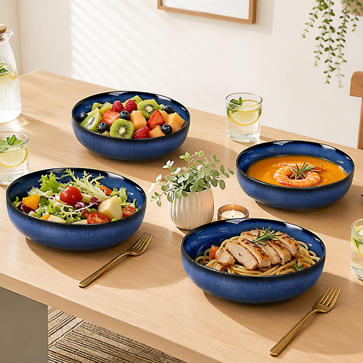 Blue Porcelain Pasta Bowls Set for 4 Y336360