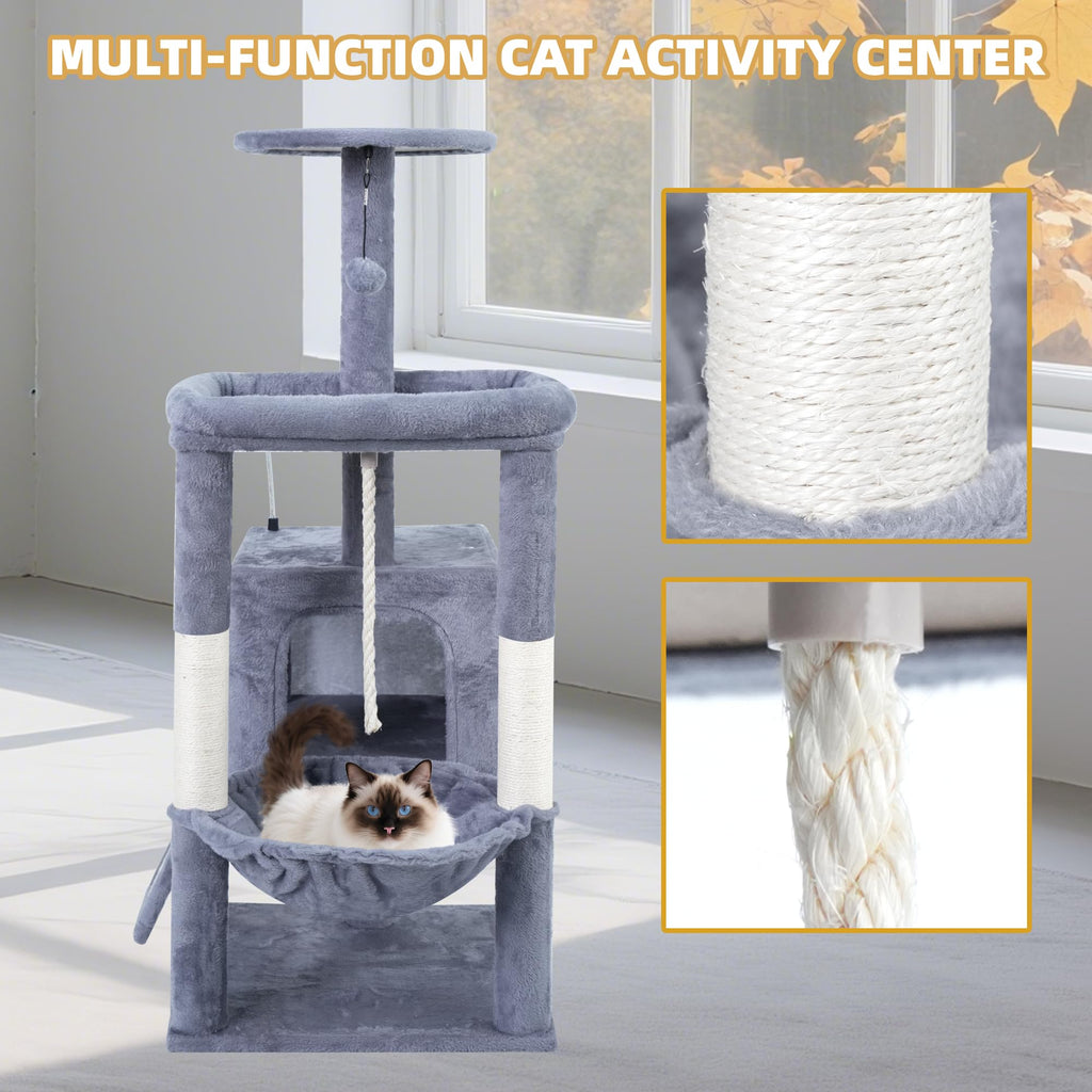37.5" Cat Tree Tower with Scratching Board Hammock Grey W90947