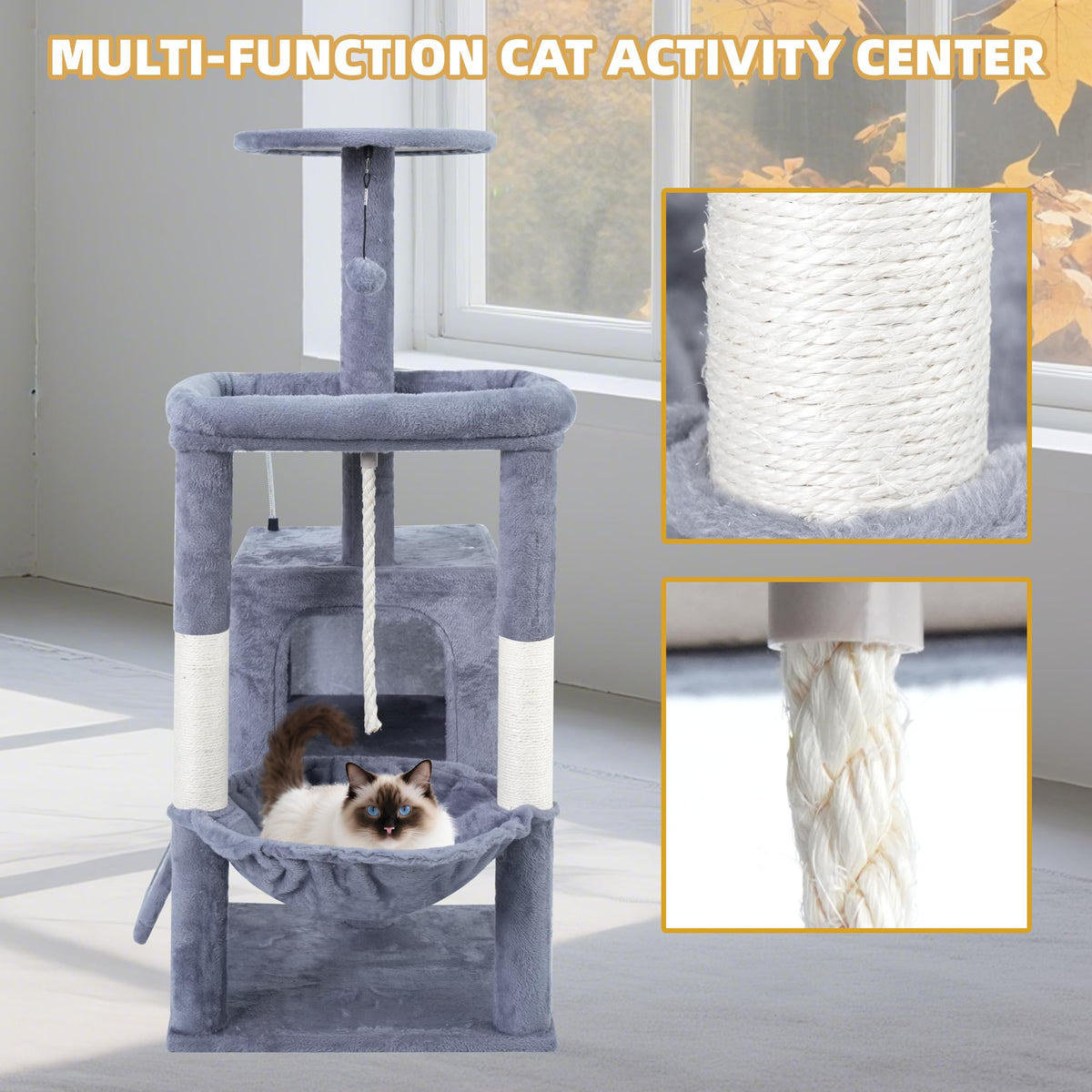 37.5" Cat Tree Tower with Scratching Board Hammock Grey W90947