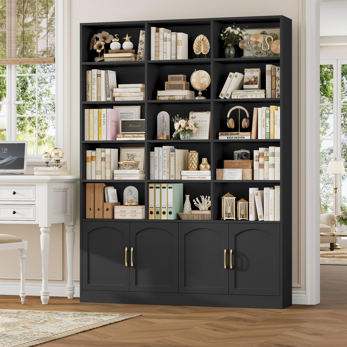 82.3" Triple Wide Bookshelf with 4 Doors, Black K160087