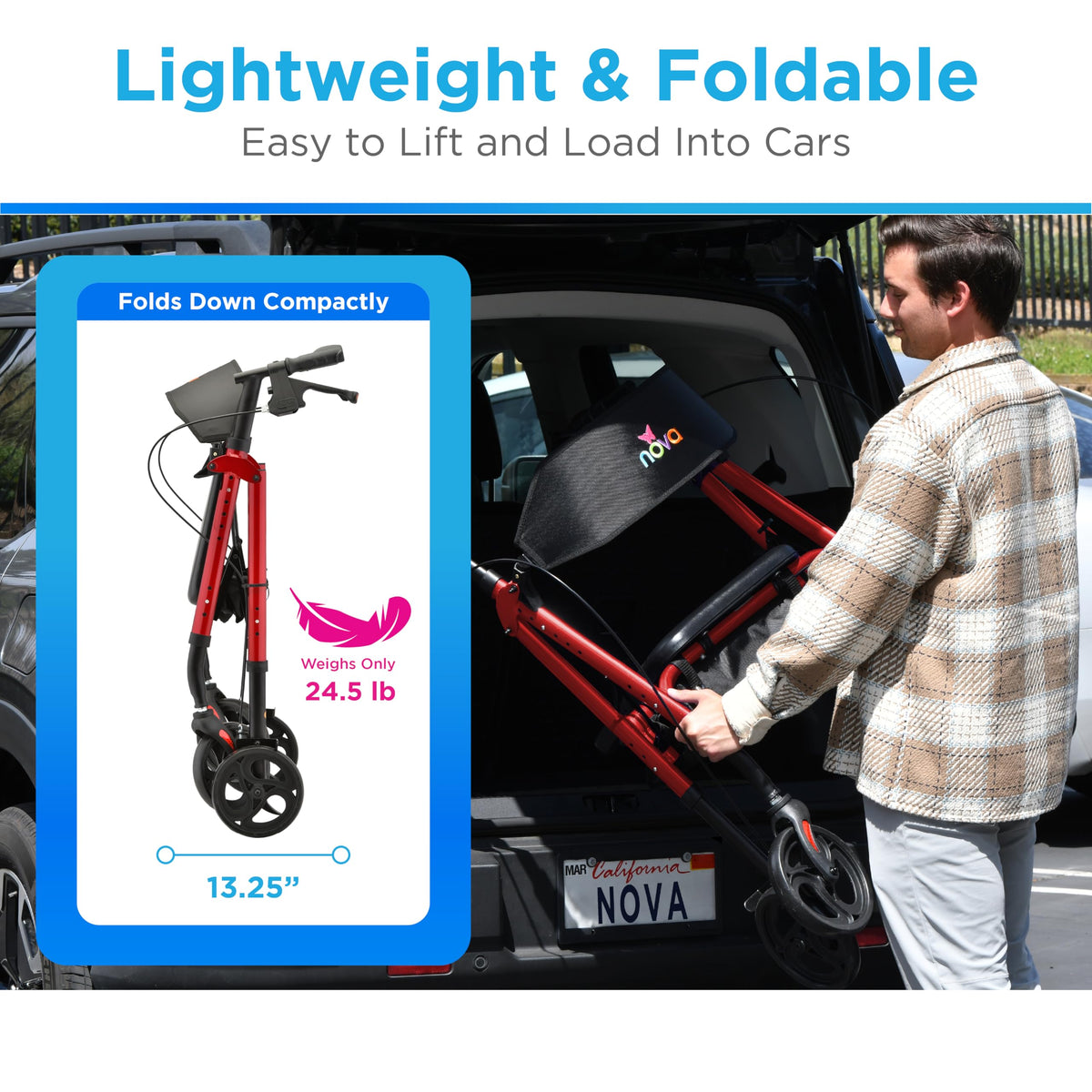 Foldable Rollator Walker with Seat, 400 lb Weight Capacity, 8” All-Terrain Wheels, Red C885