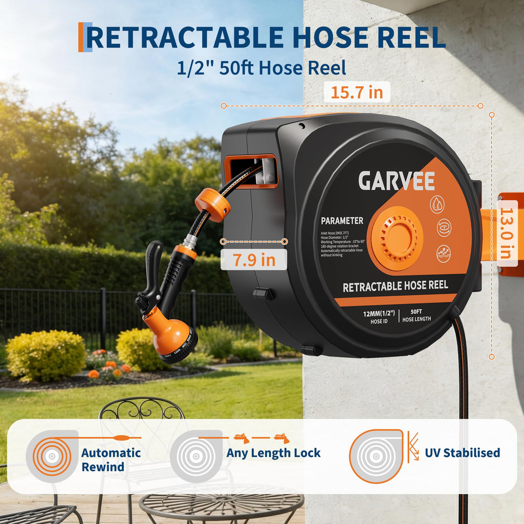 1/2 Inch x 50 ft Wall Mounted Garden Hose Reel with 10 Patterns Nozzle Z7418