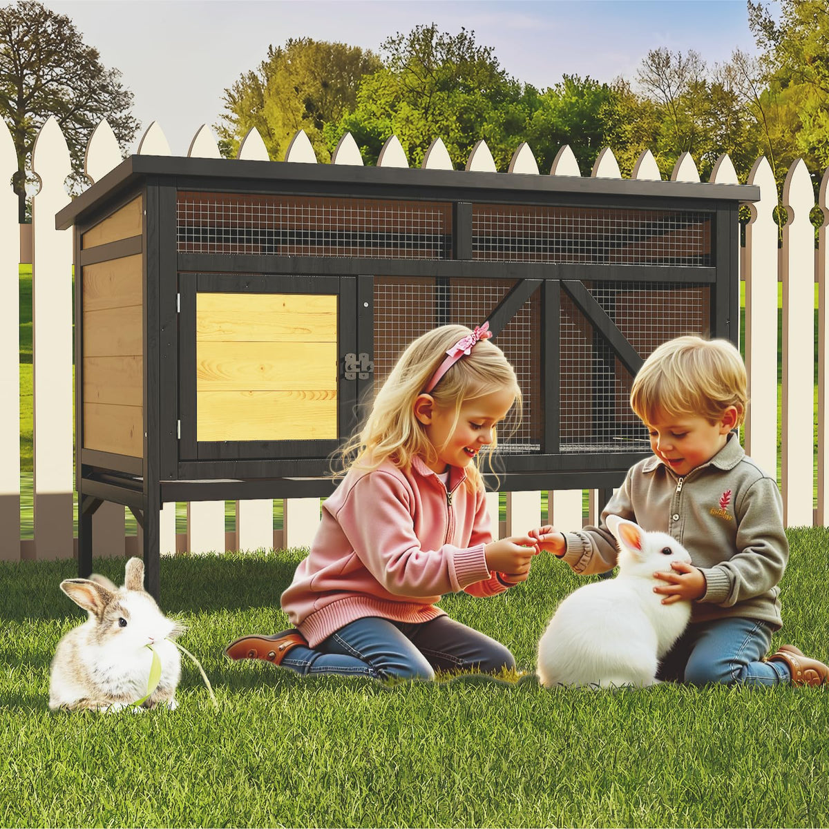 46.7" Wooden Rabbit Hutch with Removable Tray O3229