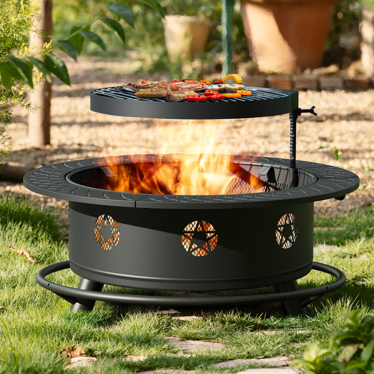 35 Inch Wood Burning Fire Pit with BBQ Grill S77714