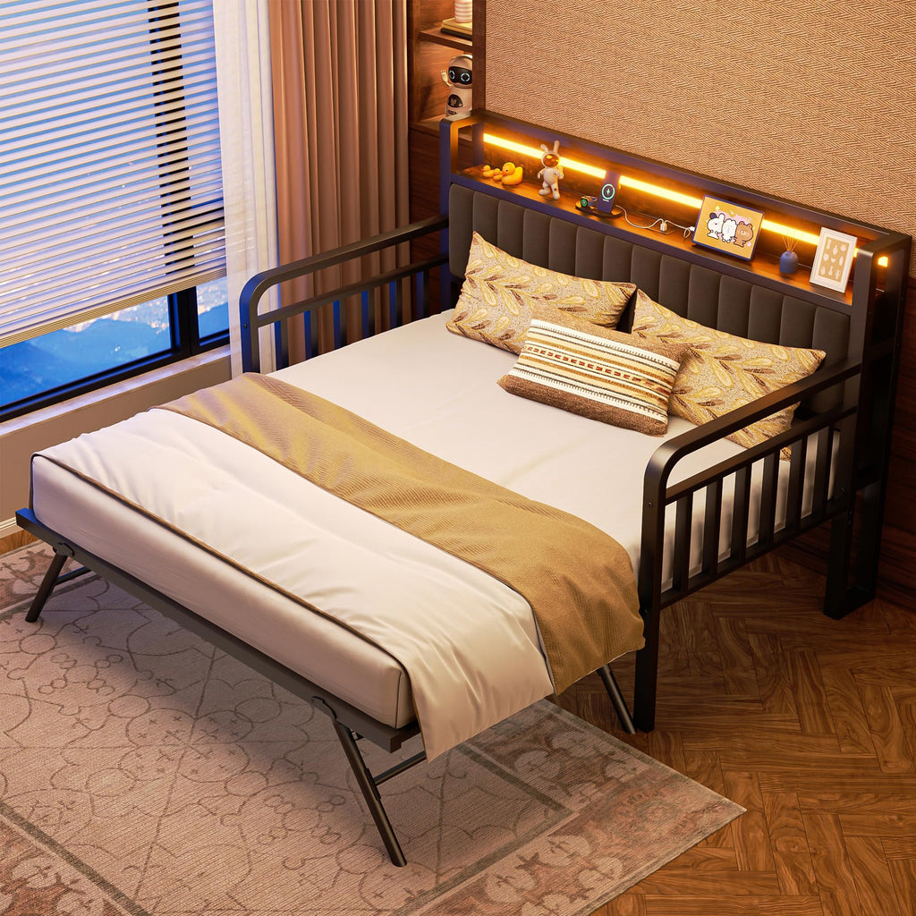 Brown Metal Daybed with Trundle and Storage Headboard J9822