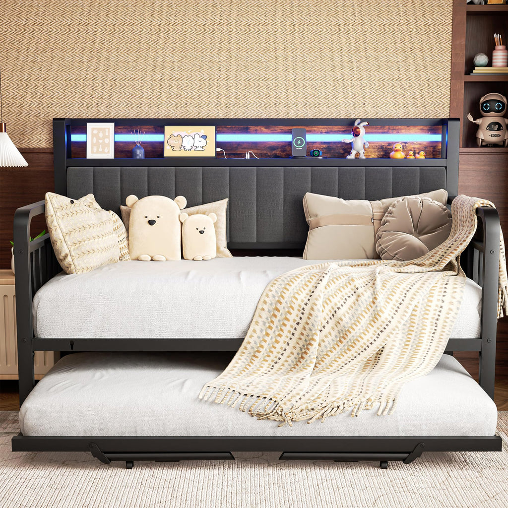 Brown Metal Daybed with Trundle and Storage Headboard J9822
