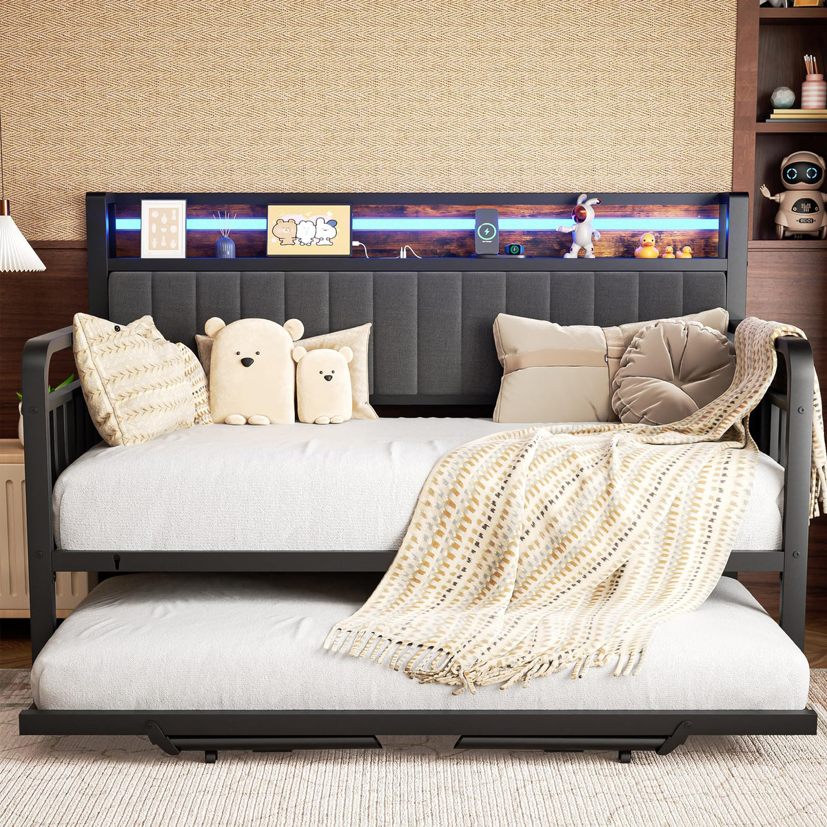 Brown Metal Daybed with Trundle and Storage Headboard J9822