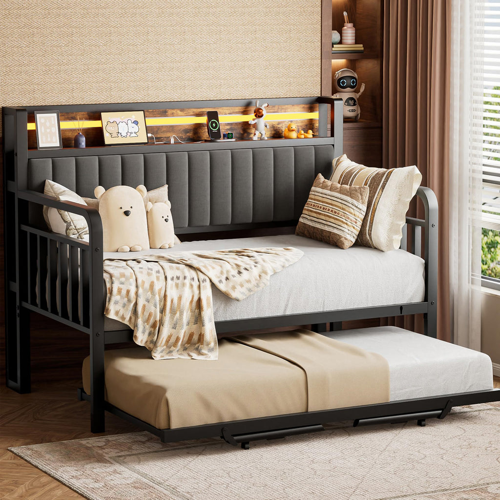 Brown Metal Daybed with Trundle and Storage Headboard J9822
