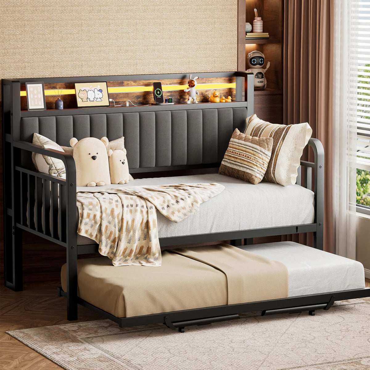 Brown Metal Daybed with Trundle and Storage Headboard J9822