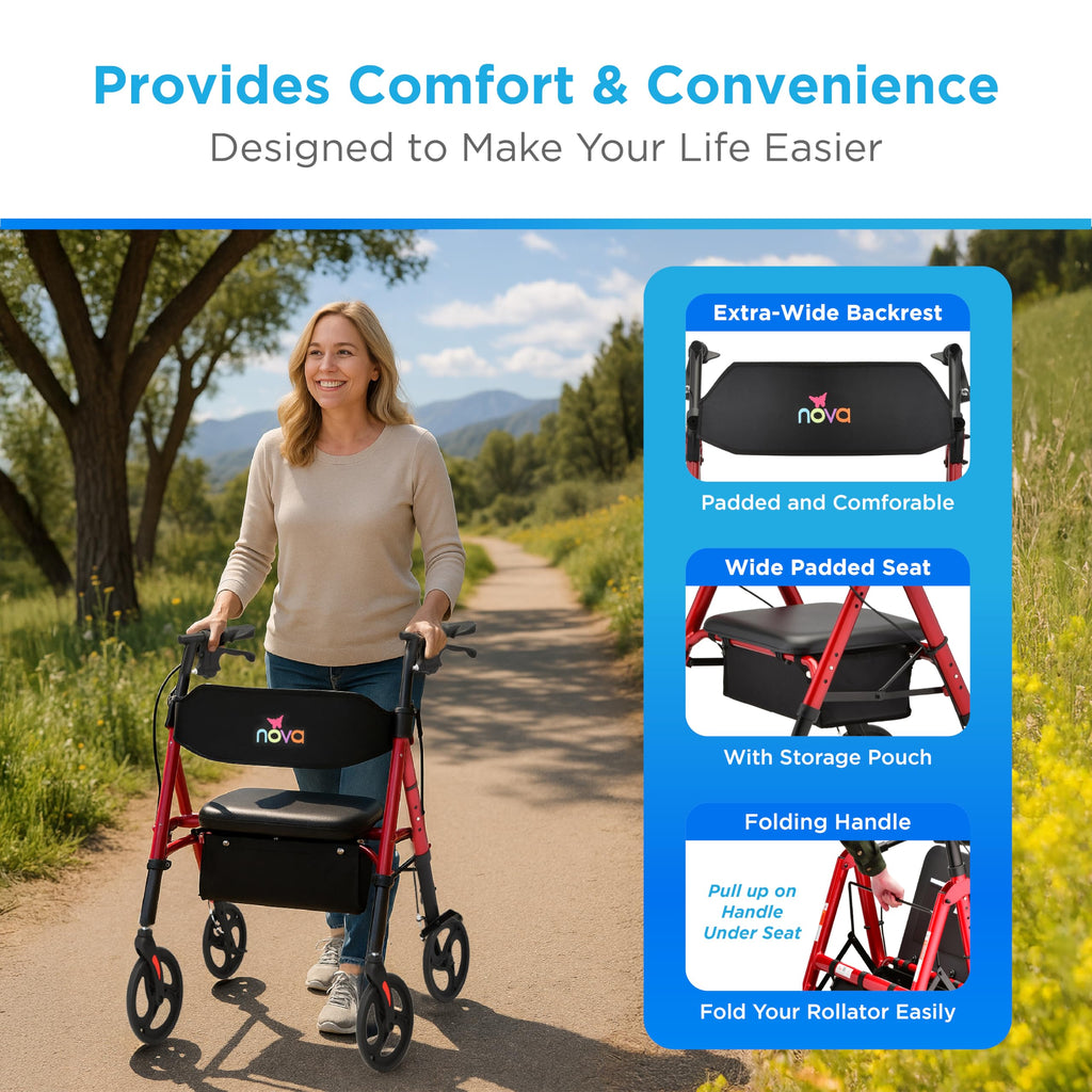 Foldable Rollator Walker with Seat, 400 lb Weight Capacity, 8” All-Terrain Wheels, Red C885
