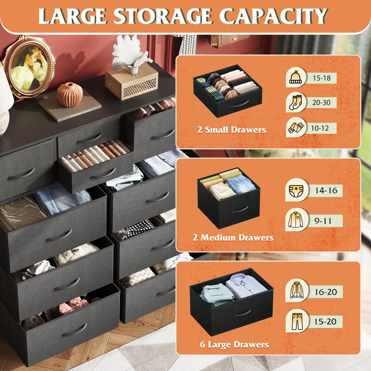 Black 10 Drawer Fabric Dresser D438047