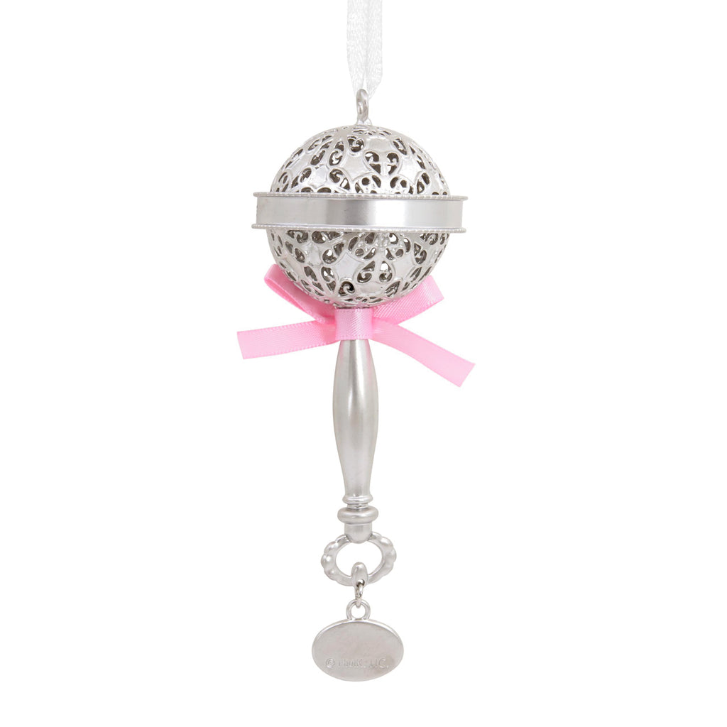 Silver Rattle with Pink Ribbon Christmas Ornament Z1159