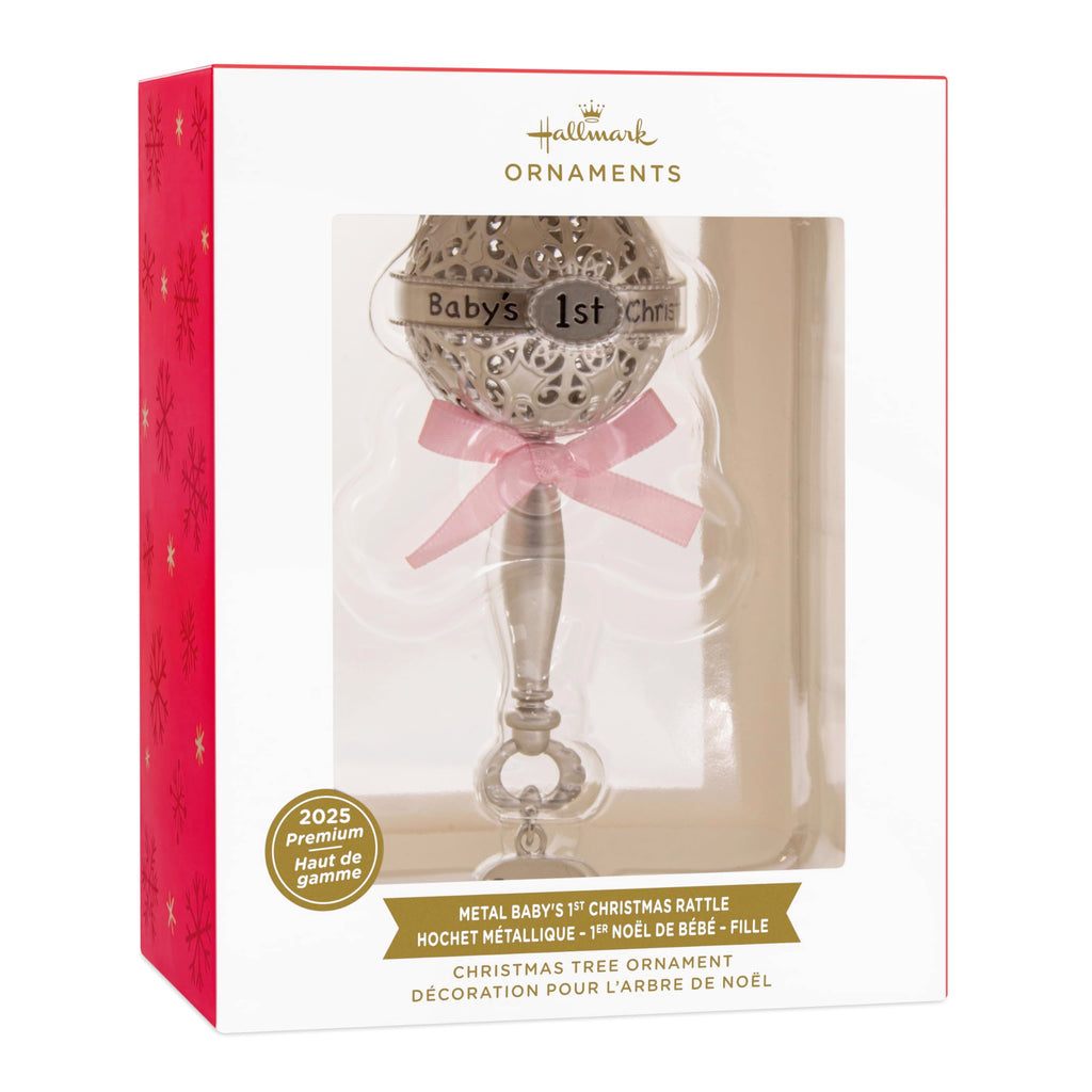 Silver Rattle with Pink Ribbon Christmas Ornament Z1159