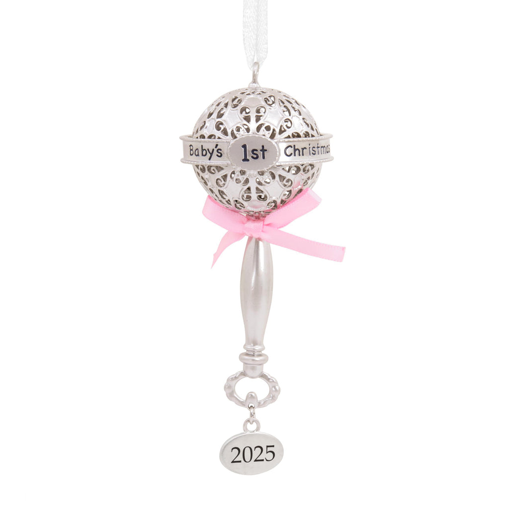 Silver Rattle with Pink Ribbon Christmas Ornament Z1159